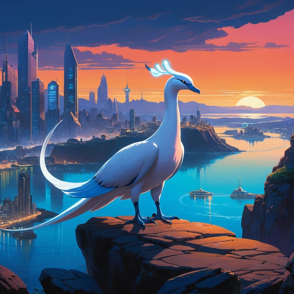 Lugia in Cyberpunk City with Bioluminescent Hair