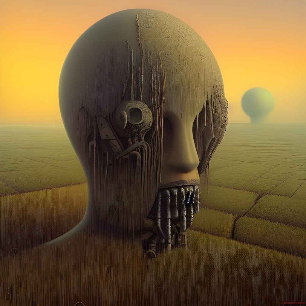 Surreal Mechanical Head with Idyllic Landscape