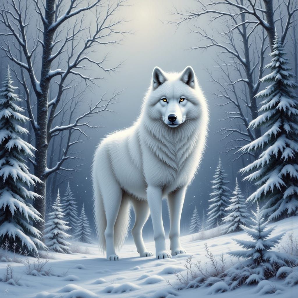 White Wolf in Snow-Covered Evergreen Forest