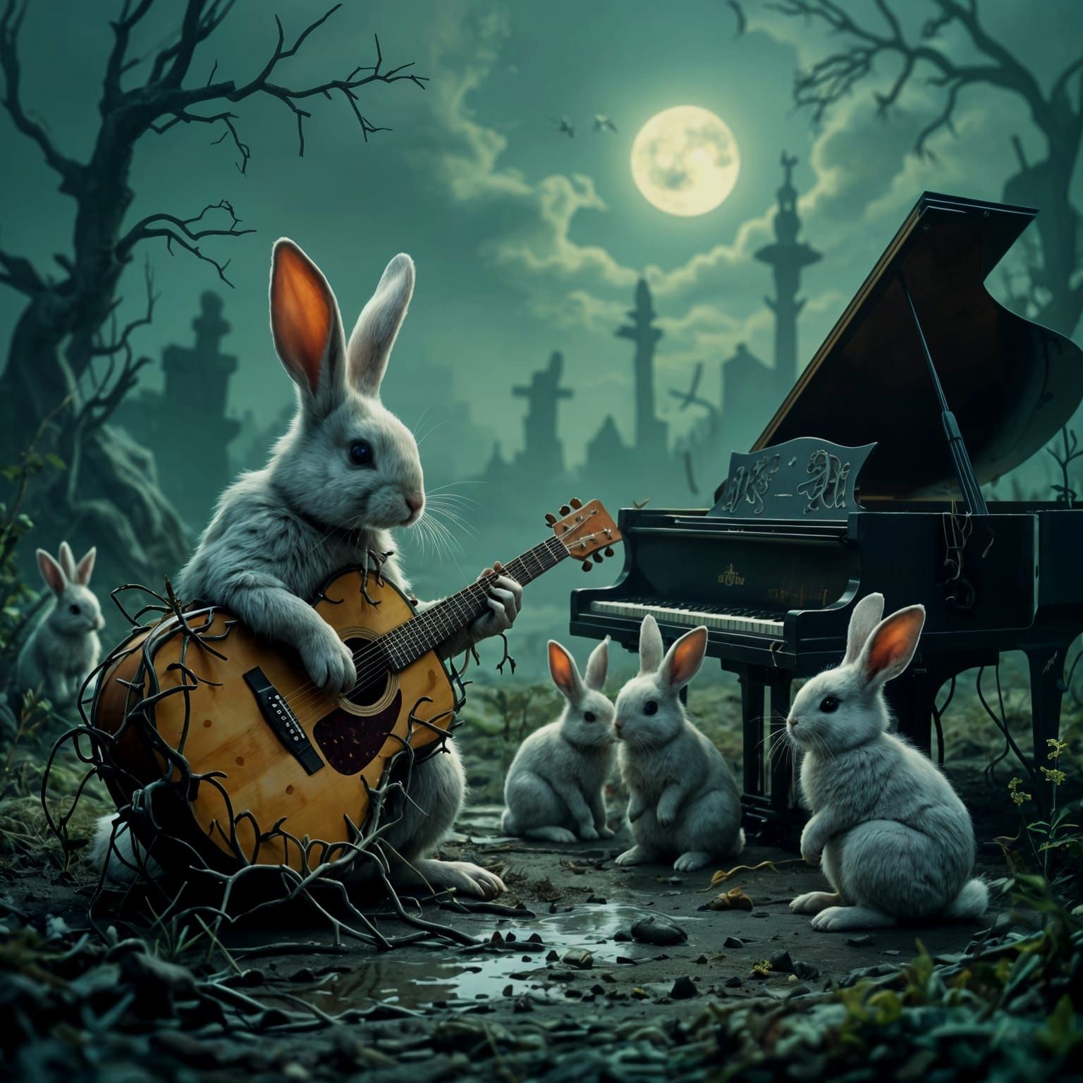 Surreal Rabbits Play Music in Dystopian Dreamscape