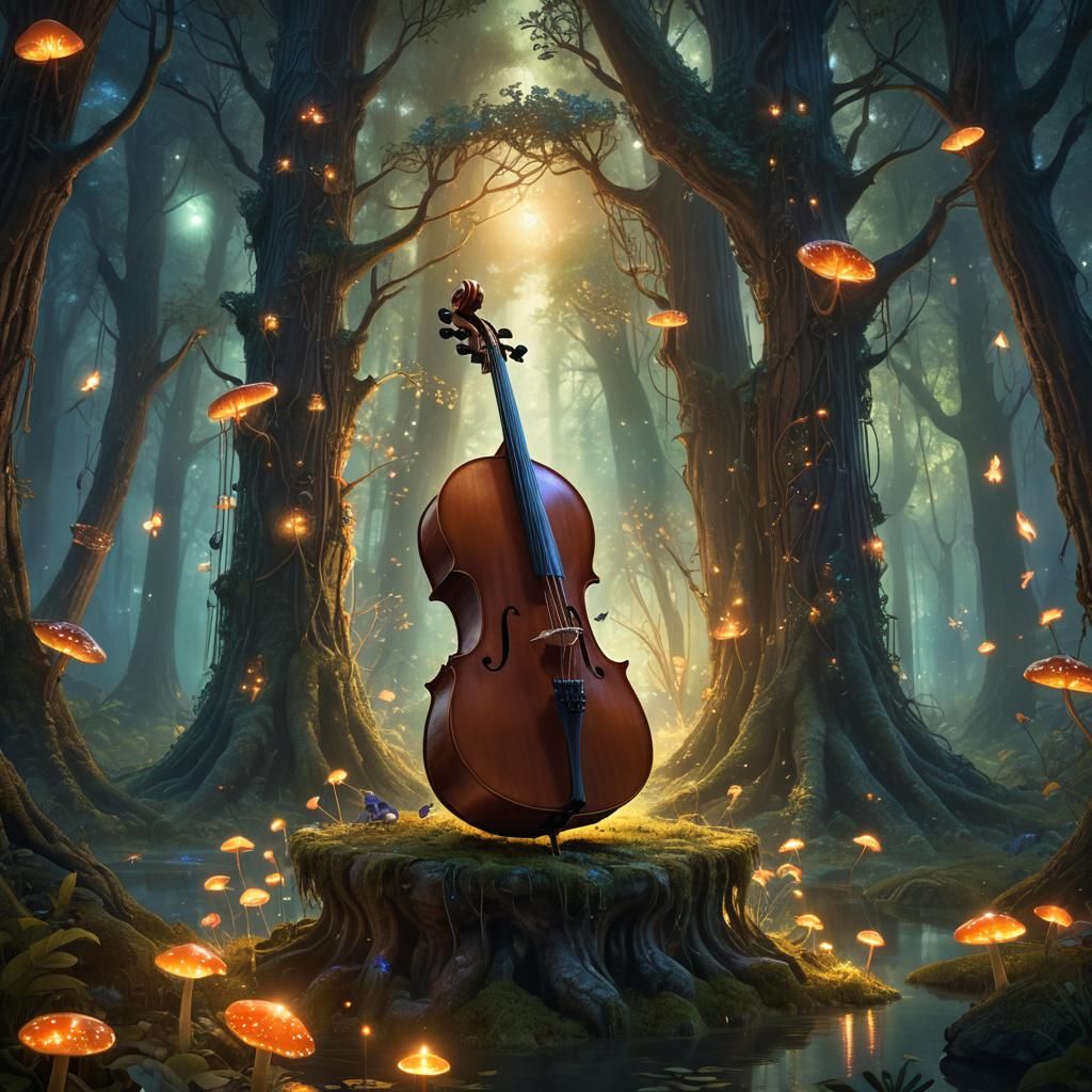 Mystical Cello in Dreamlike Forest: Fantasy Concept Art