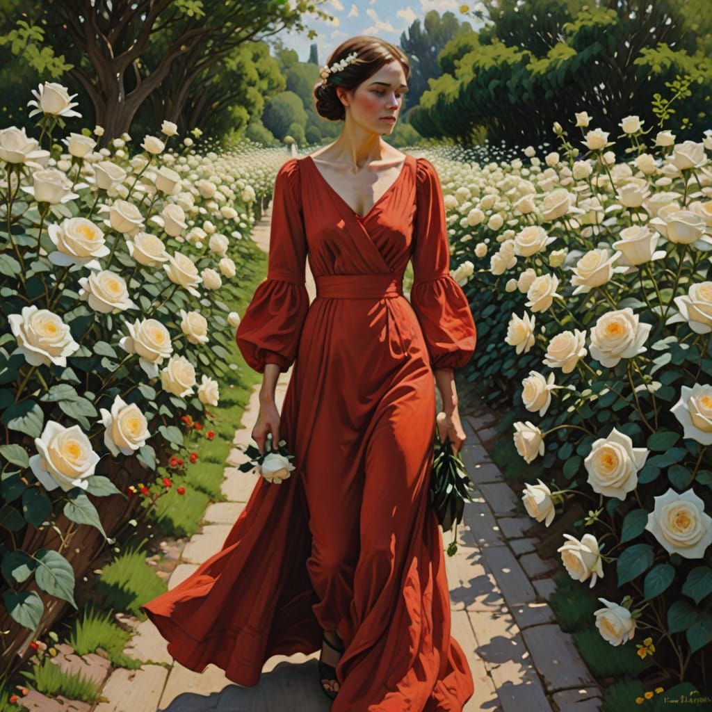 Romantic Oil Painting of a Woman in a Red Dress Amidst White...