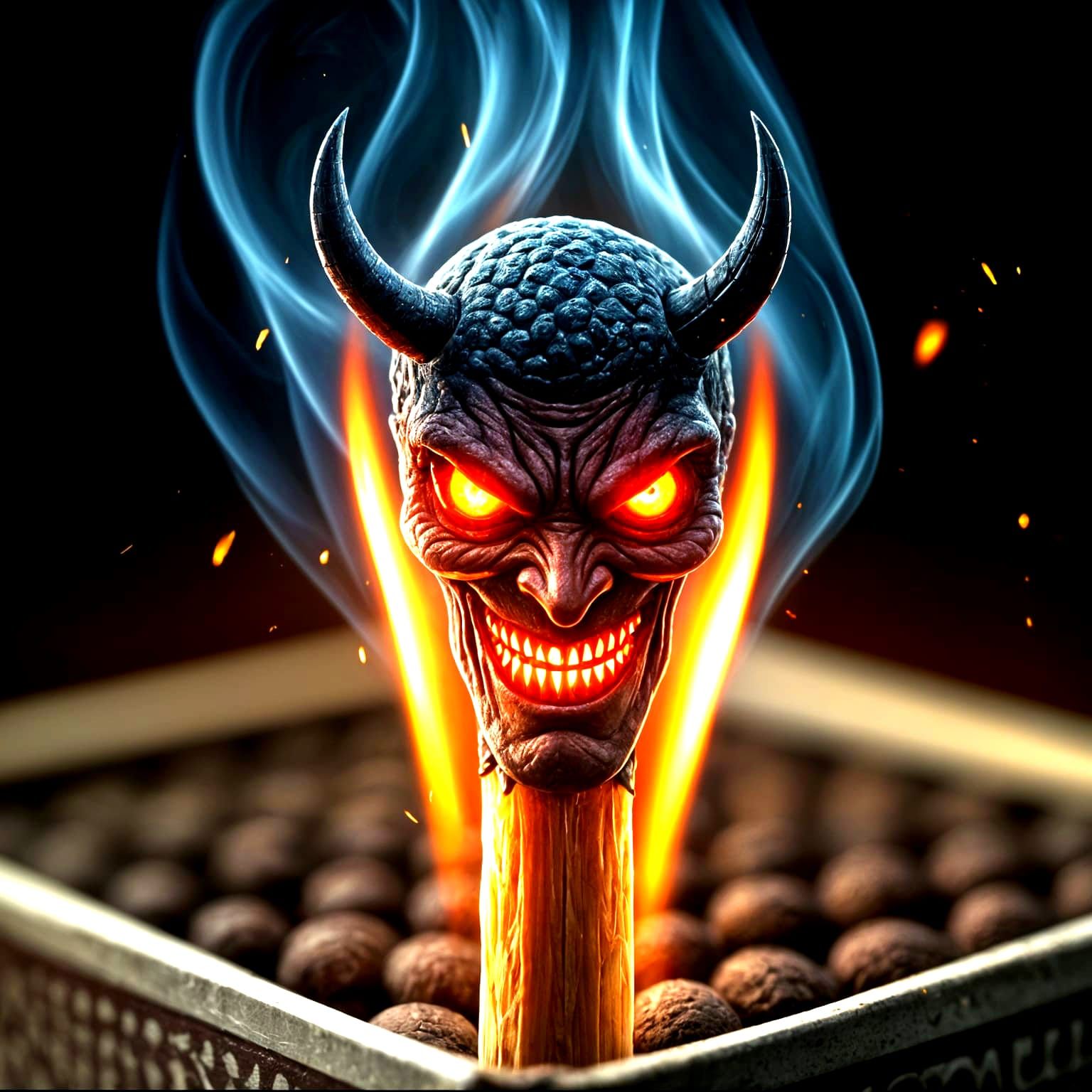 Demon Match Ignites with Fiery Grin in Macro