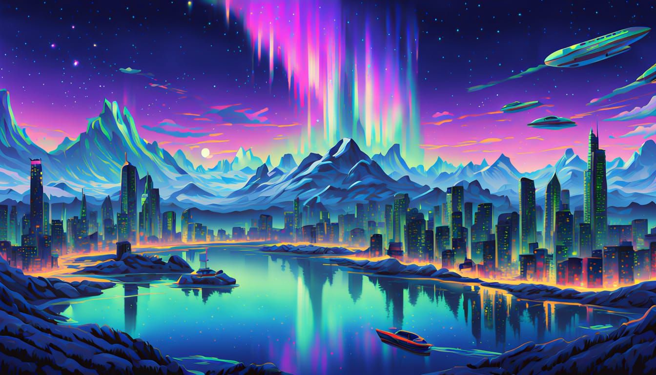Retro-Futuristic Cityscape at Dawn with Aurora Borealis
