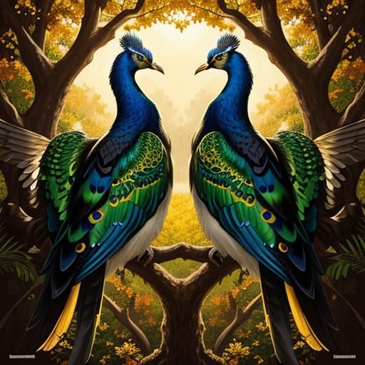 Peacocks on Branch in Sunlight: A Detailed 2D Painting