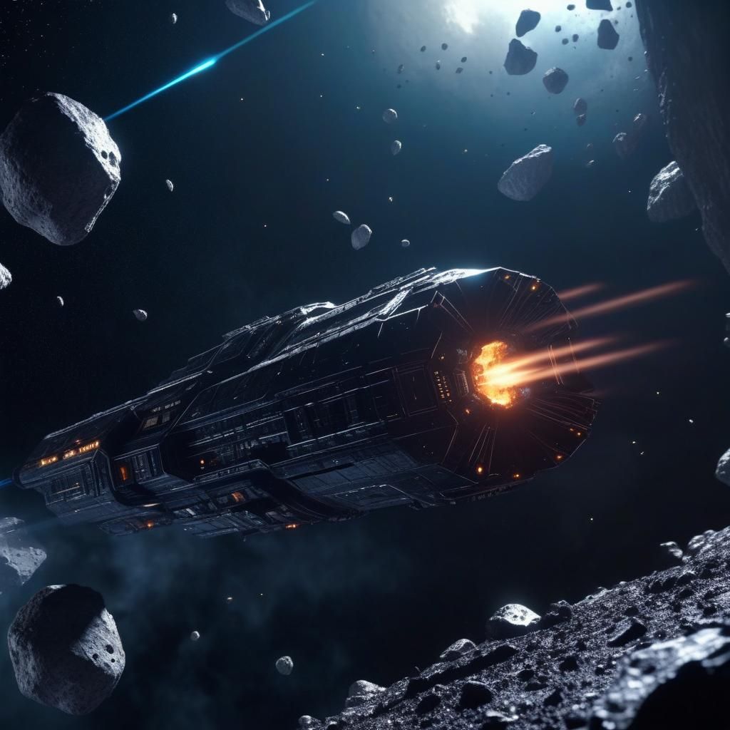 Spaceship Crossing Asteroid Field in Dramatic Digital Painti...