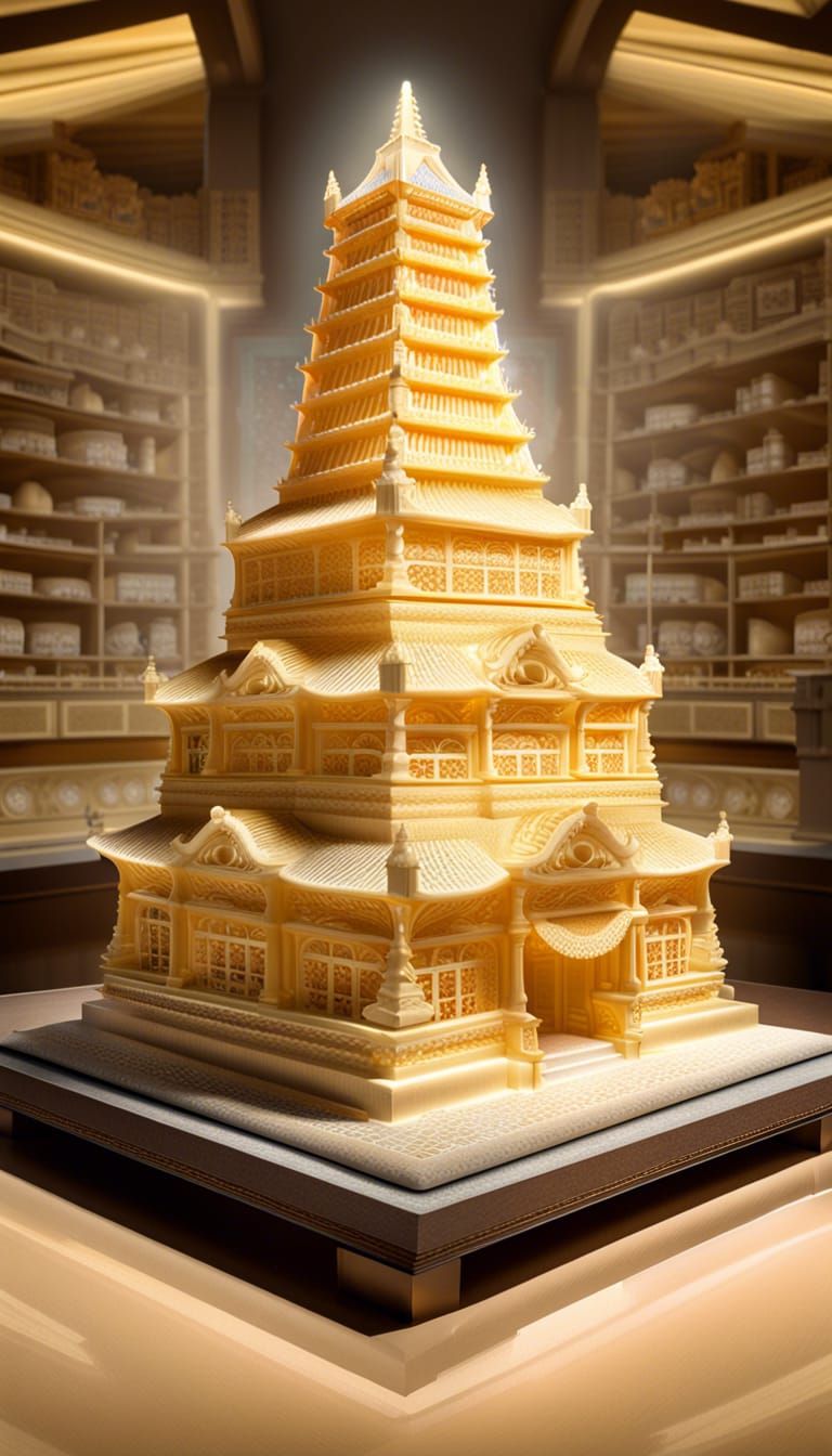 Parmesan Pagoda: Intricate Cheese Carving Concept Art