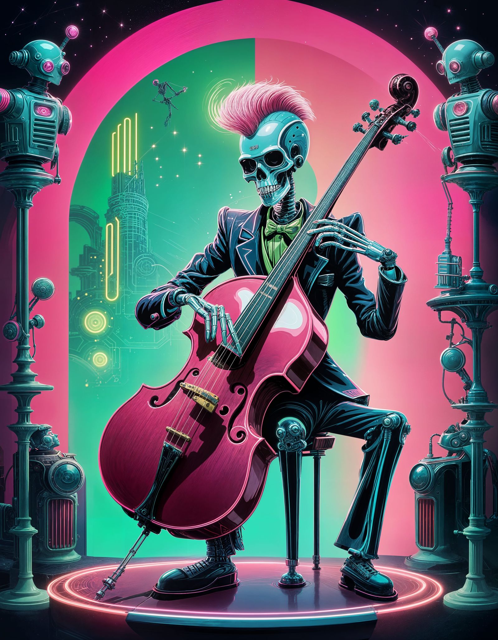 Art Deco Robot Rockabilly Skeleton Illustration