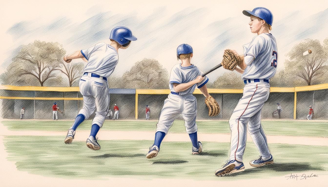 A handawn colored pencil sketch of a boys playing baseball