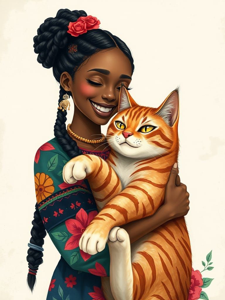 Woman Hugging Giant Cat in Anime Mexican Folk Art
