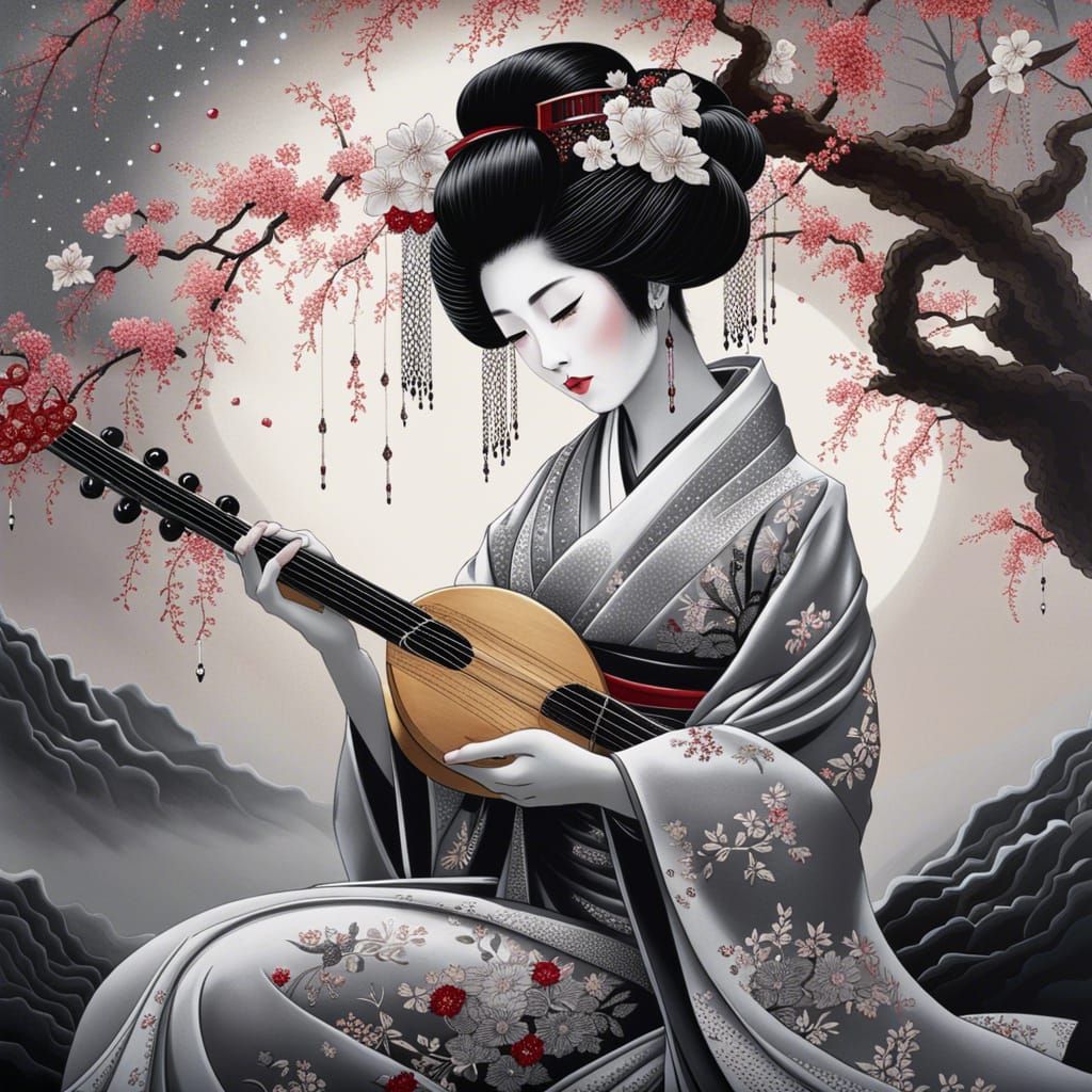 Geisha's Monochromatic Sorrow Under Diamond Stars