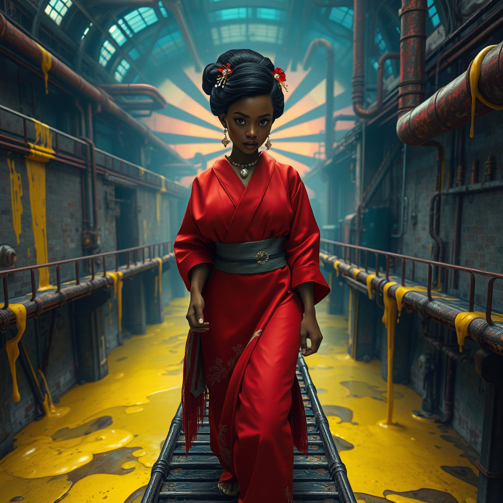 Eerie Factory: Woman in Kimono Steps Cautiously