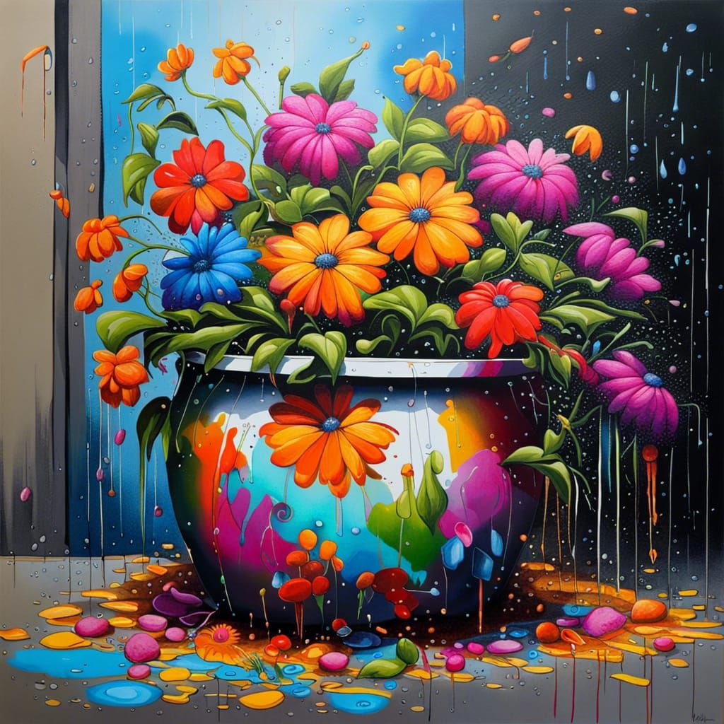 Hyperrealistic Graffiti Art of Colorful Flowers in Pot