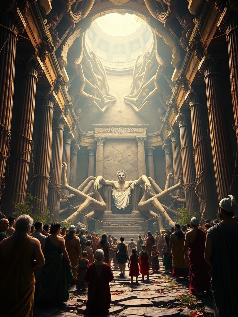 Epic Fantasy Scene: Ancient Giant Awakens in Ruins