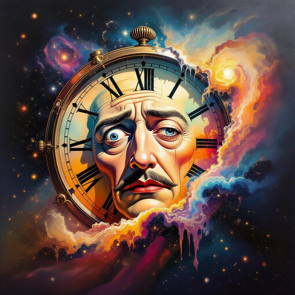 Melting Clock Face in Cosmic Nebula, Surrealist Oil Painting