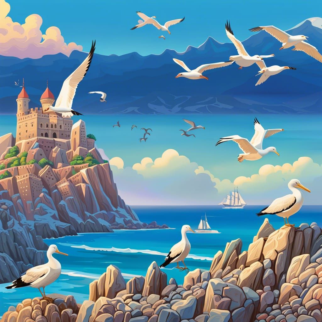 Stone Castle on Rocky Shoreline, Digital Art