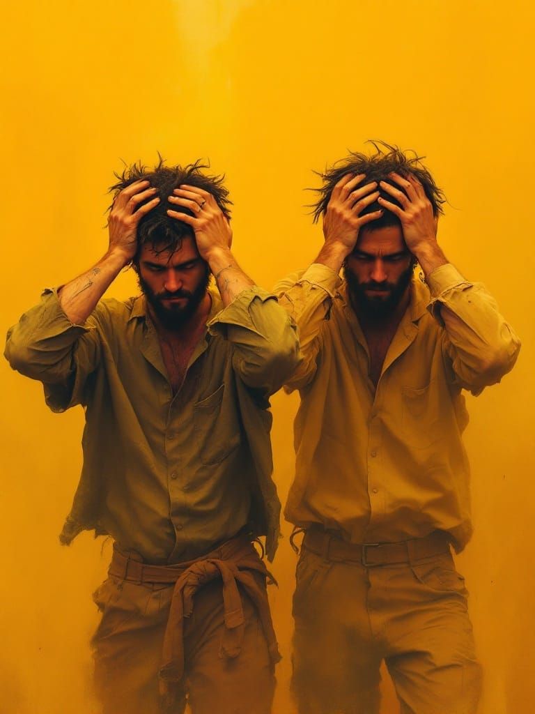 Two Men in Disorienting Daze, Earthy Tones, Soft Brushstroke...