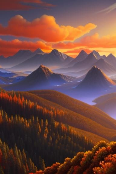 Majestic Mountain Landscape Painting in Golden Hour