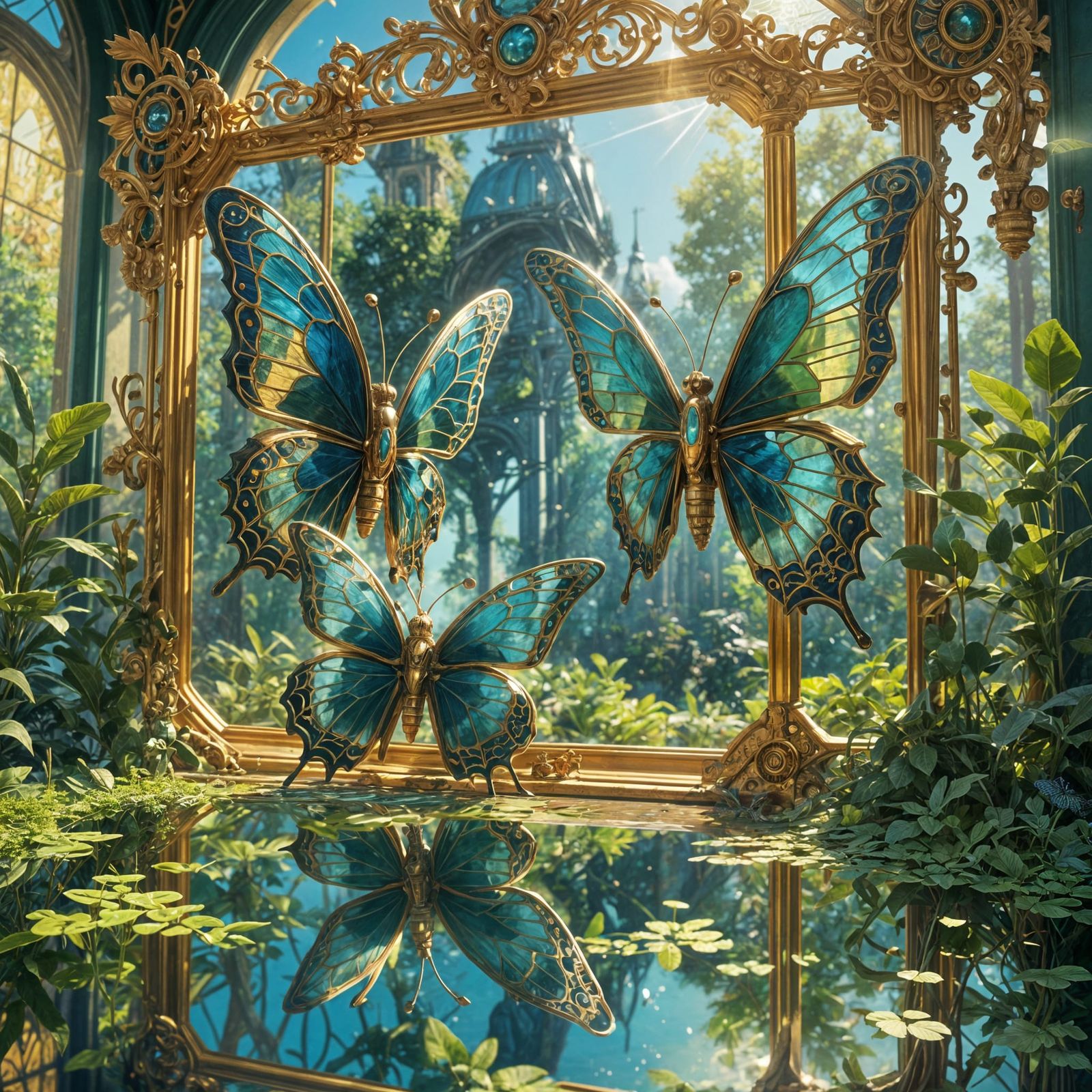 Mechanical Robot Butterflies Reflecting Sunny Garden