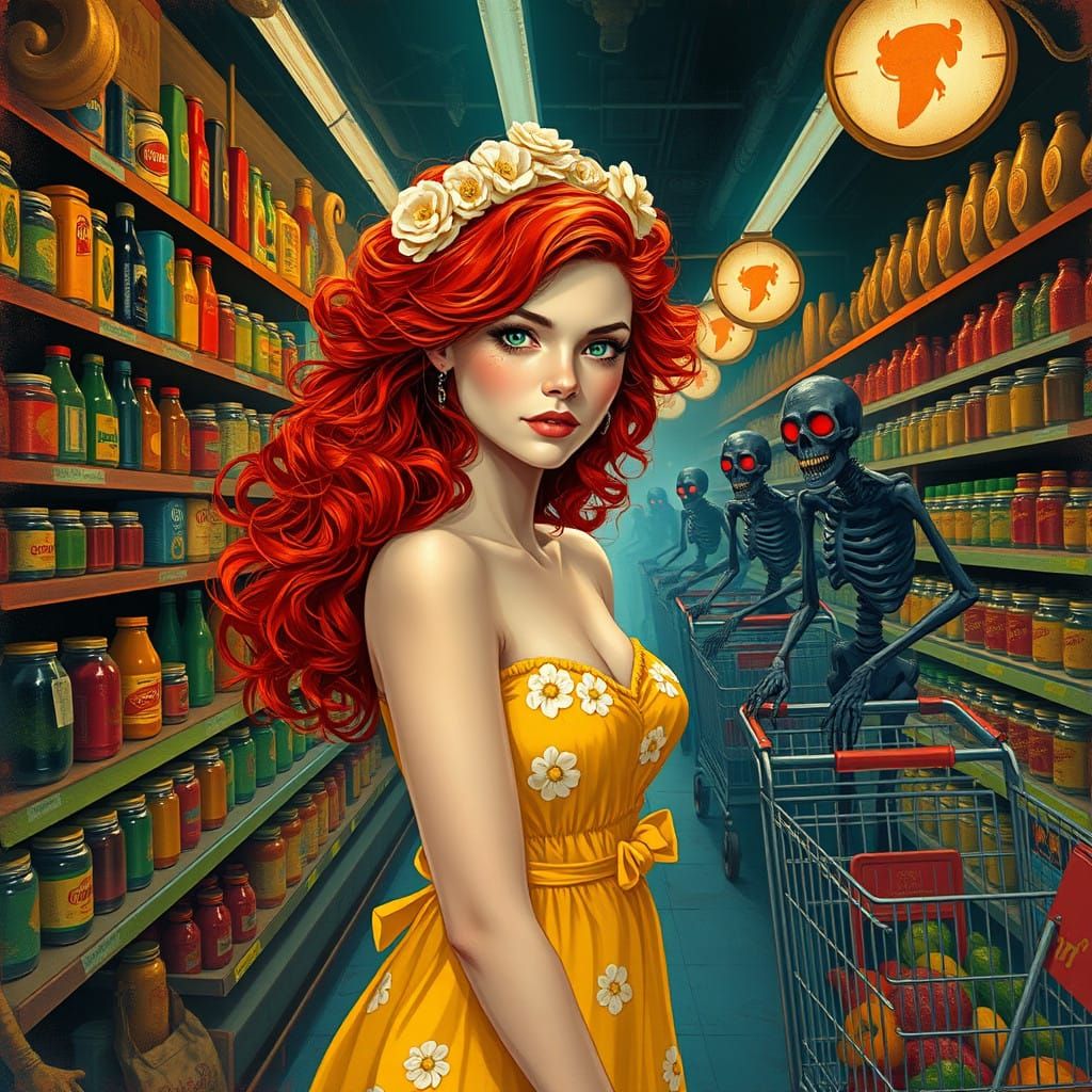 Fiery Redhead Confronts Dark Beings in Retro Grocery Store