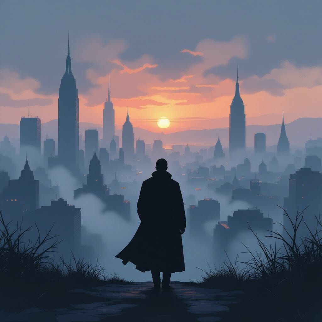 Misty Cityscape at Dusk in Dark Romantic Oil Painting