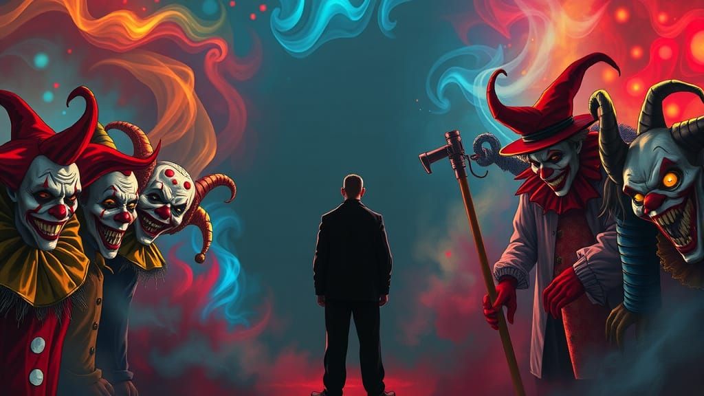 Unsettling Clown Horrors Surround a Lone Figure in a Brightl...