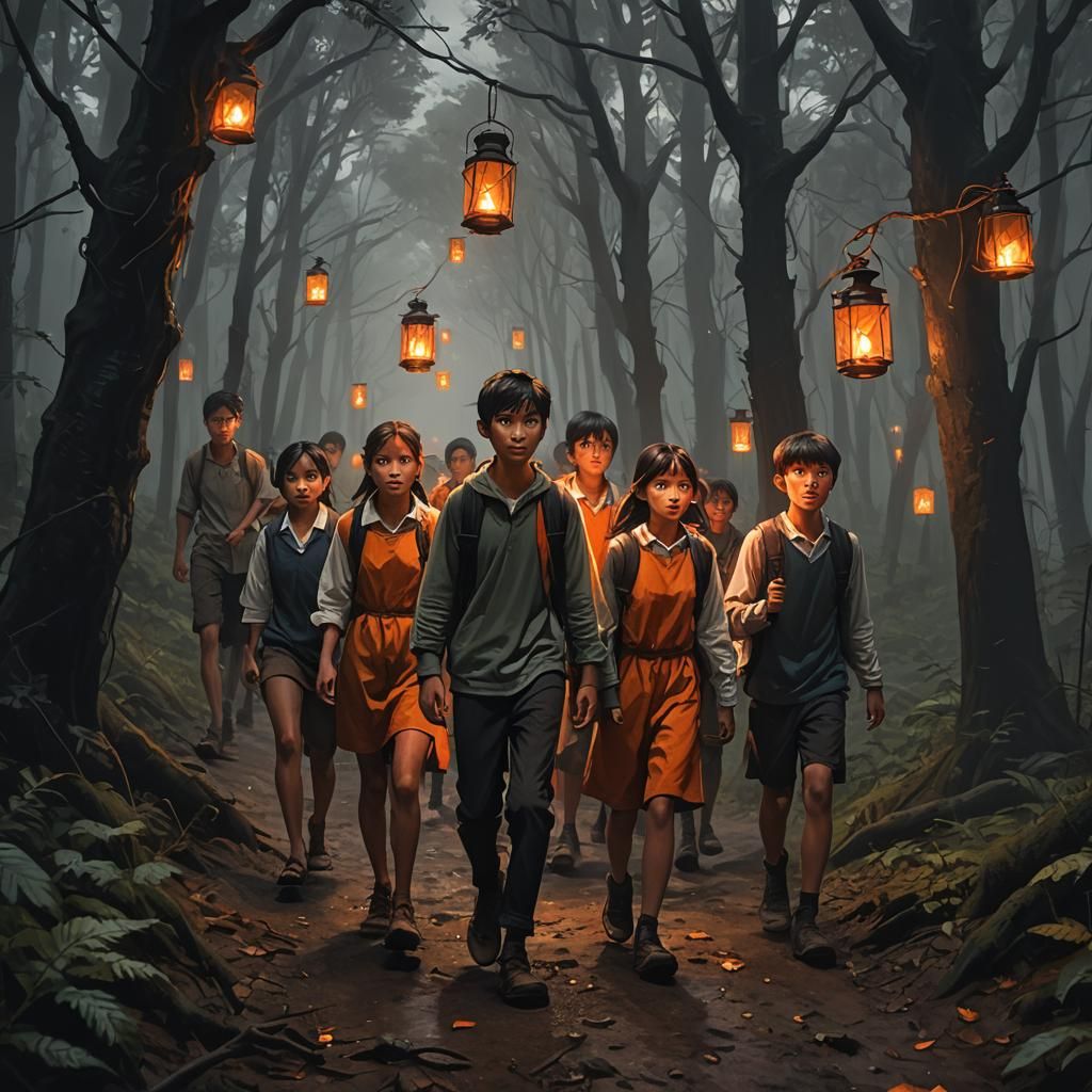 Children Journey Through Dark Forest with Lantern