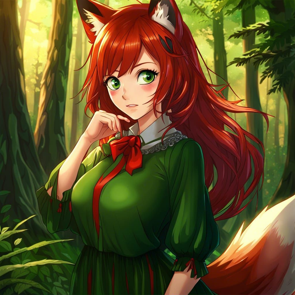 Fox Girl in Anime Style with Forest Background