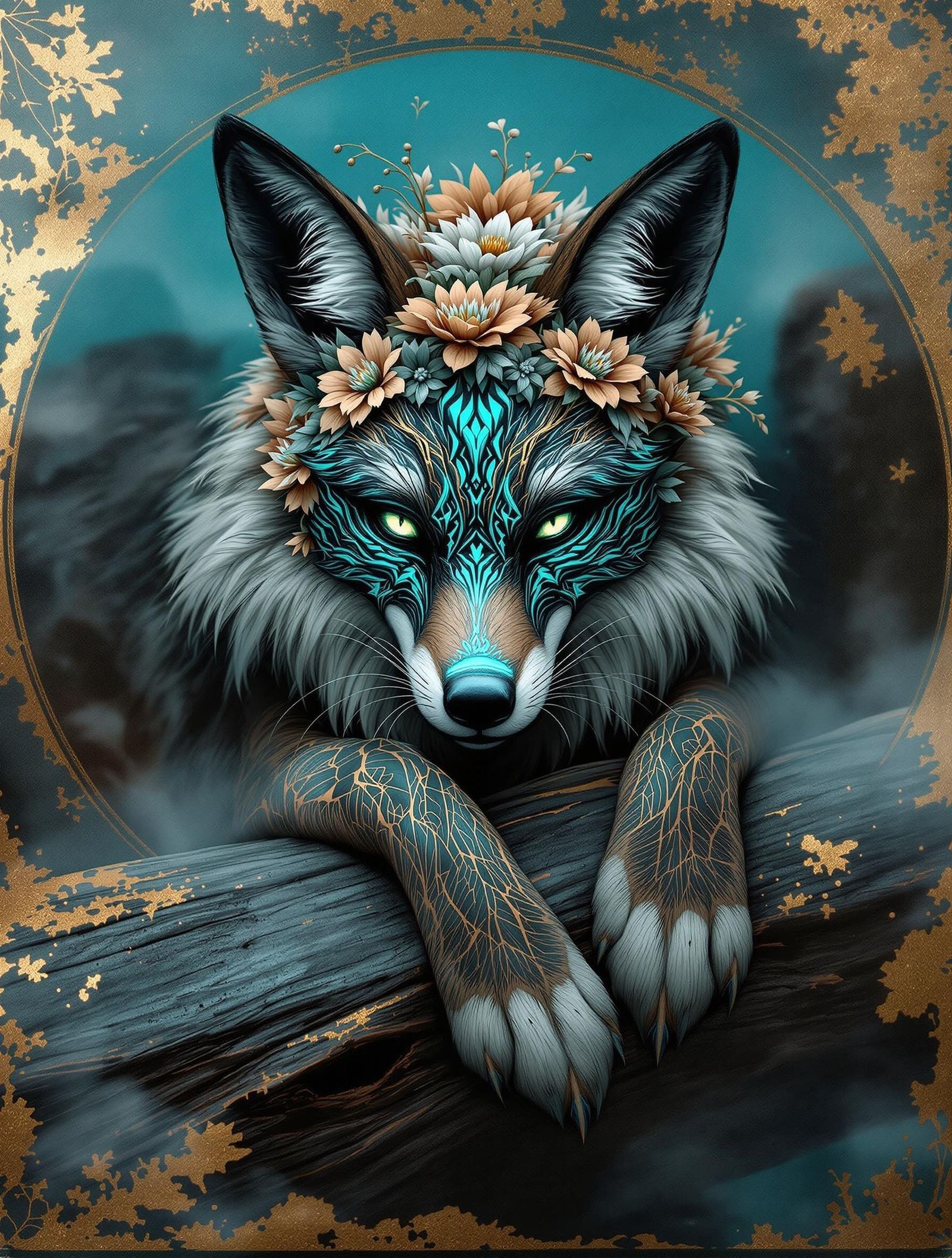Masked Jackal with Luminous Flowers Portrait