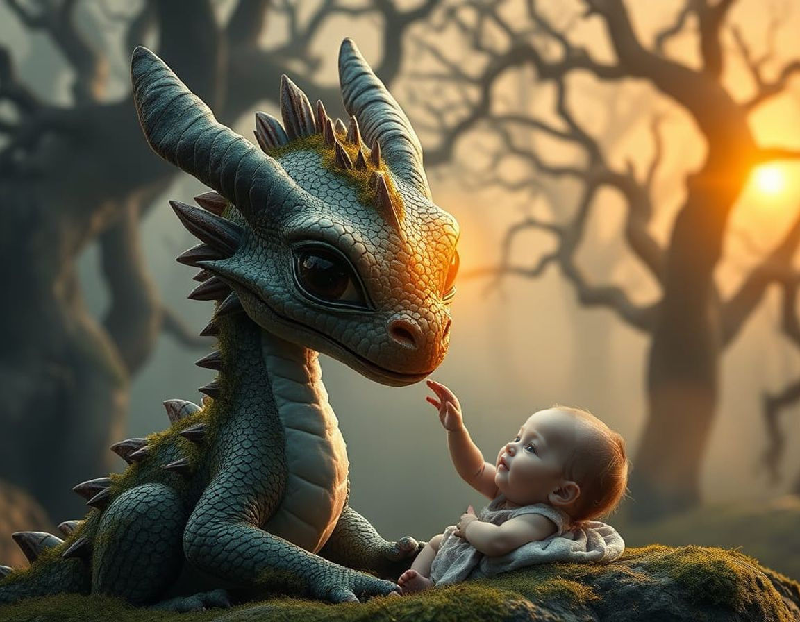 Whispering Wonderlands: Majestic Dragon Meets Adorable Infan...