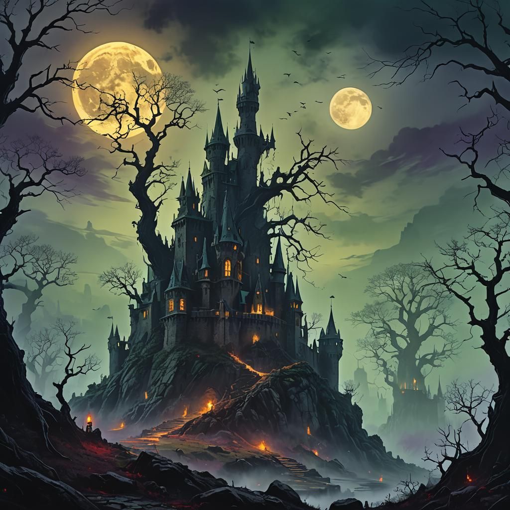 Foreboding Castle in Dark Fantasy Landscape