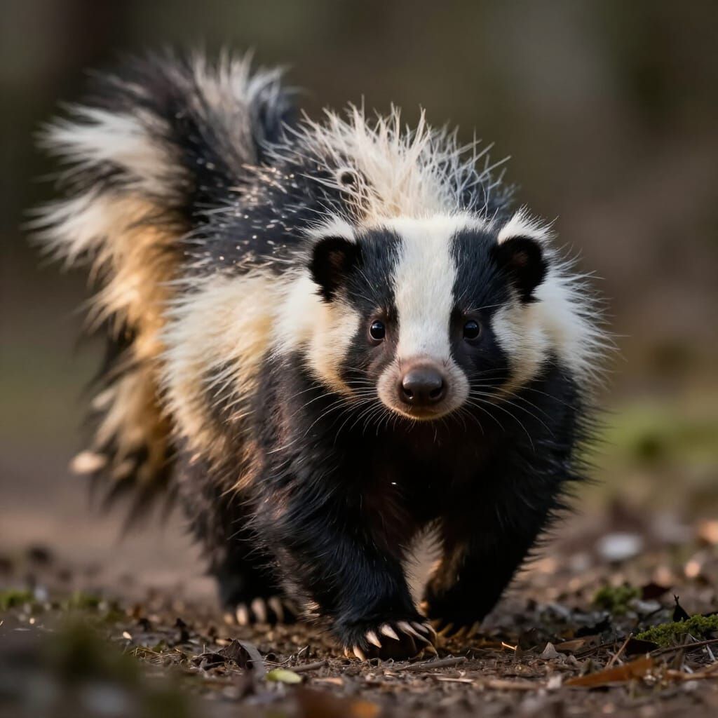 Hyperrealistic Skunk Approaches Viewer in Dramatic Lighting