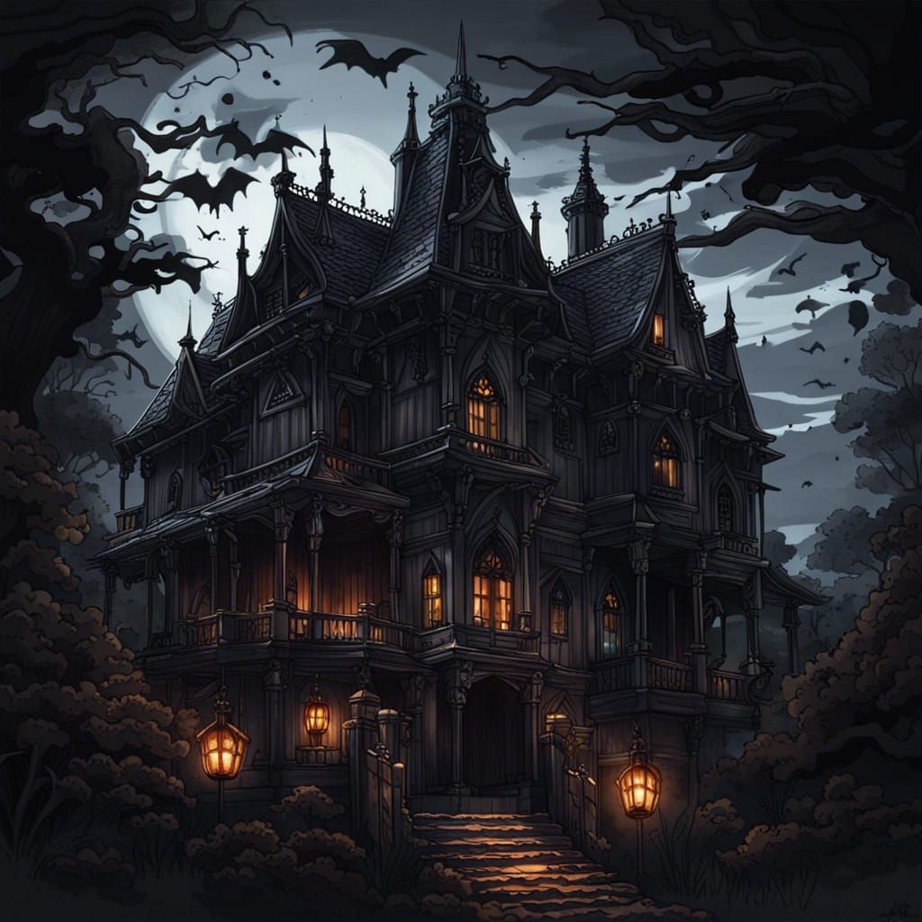 Gothic Halloween Mansion in Anime Art Style