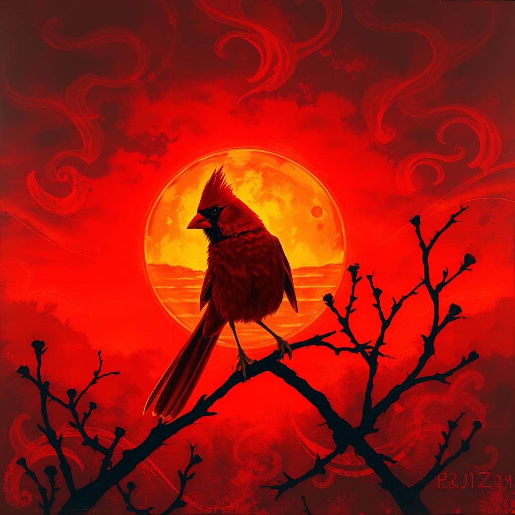 Mystical Cardinal in Fiery Sunset: Fine Art Impression