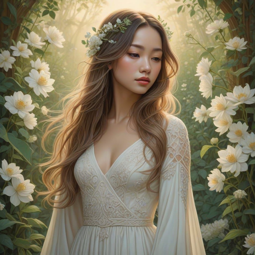 Surreal Garden Scene with Ethereal Woman