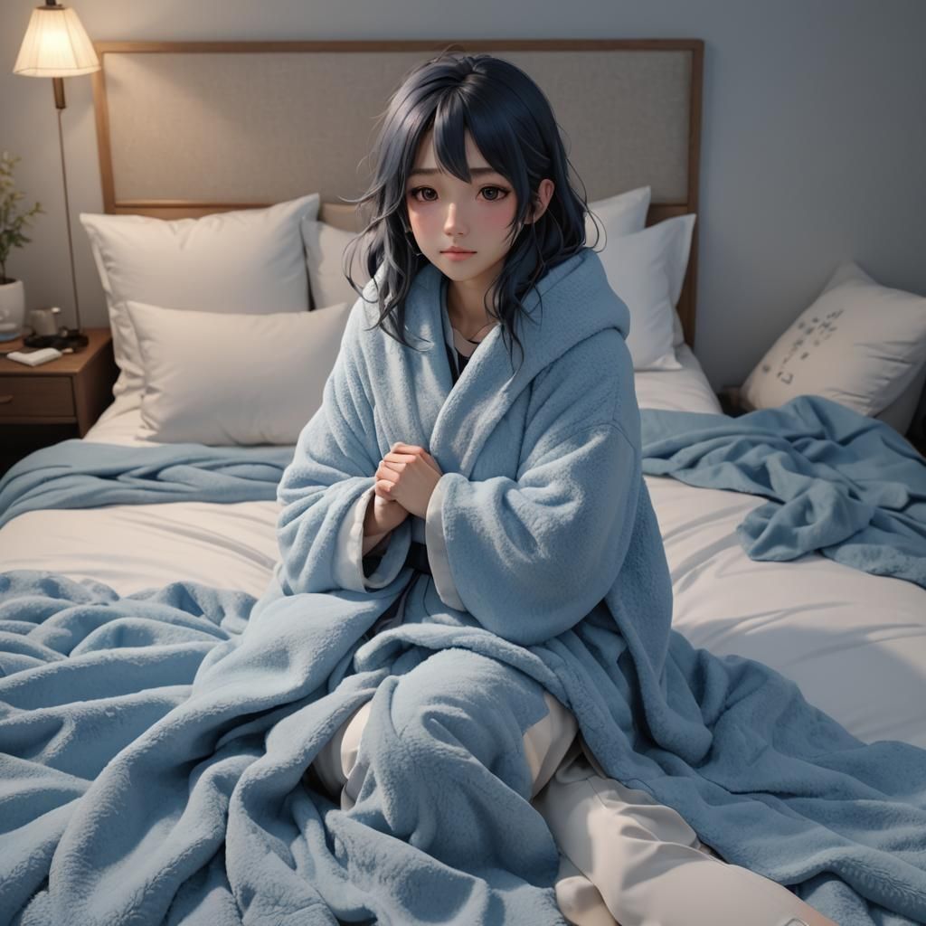 Anime Girl Huddled Under Blanket in 3D Style