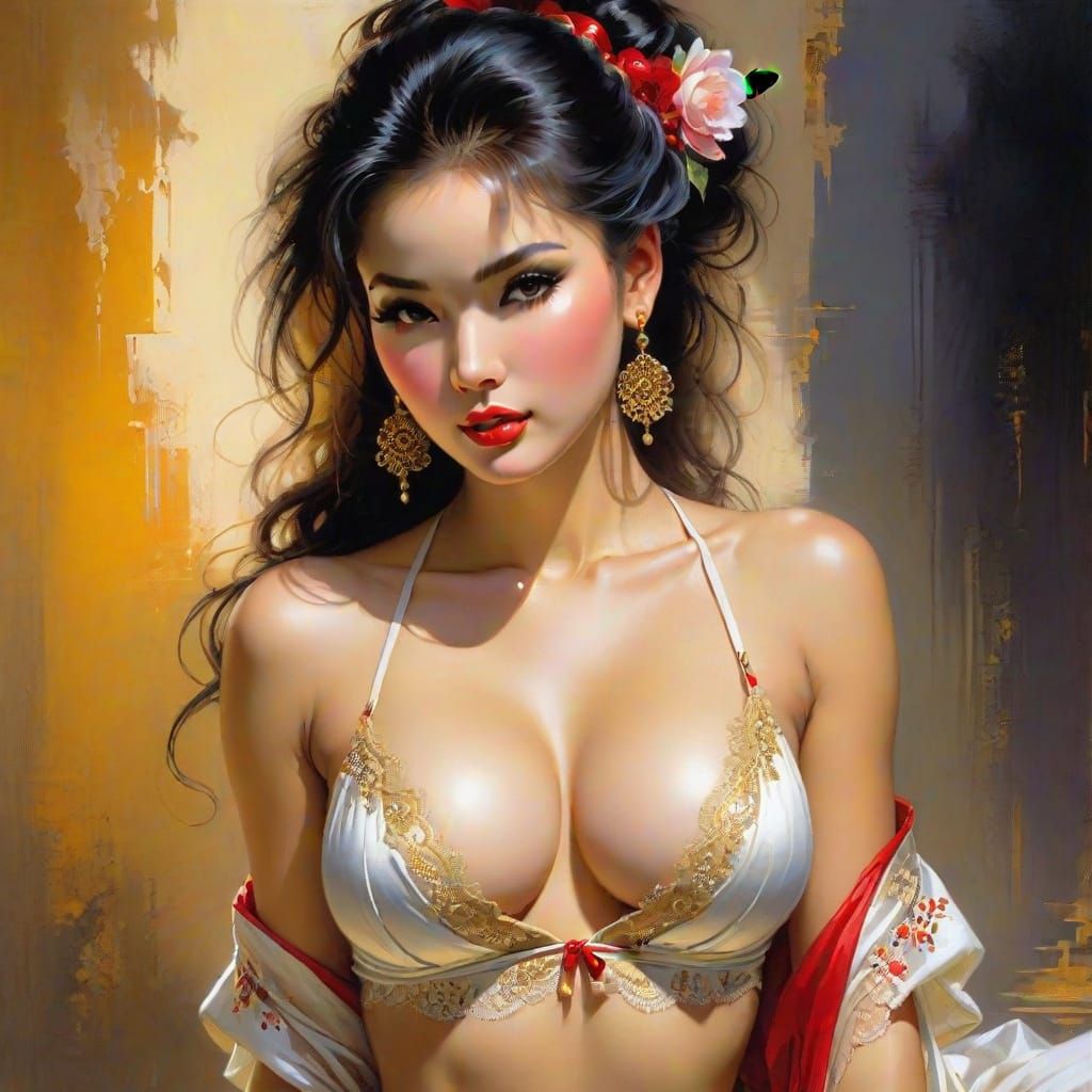 Chinese Pin-Up Portrait in Pino Daeni Style