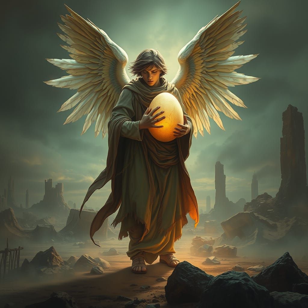 Angel Cradling Egg in Irradiated Landscape