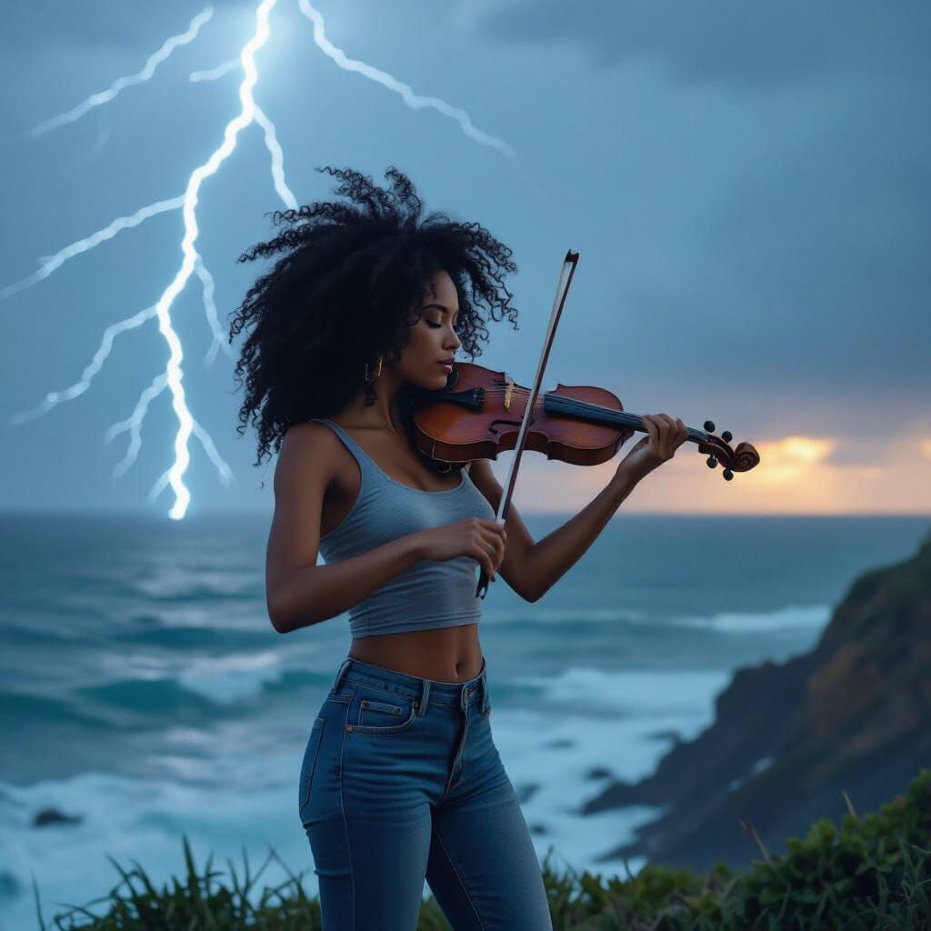 Afro-Latina Violinist Plays on Stormy Cliffs Edge