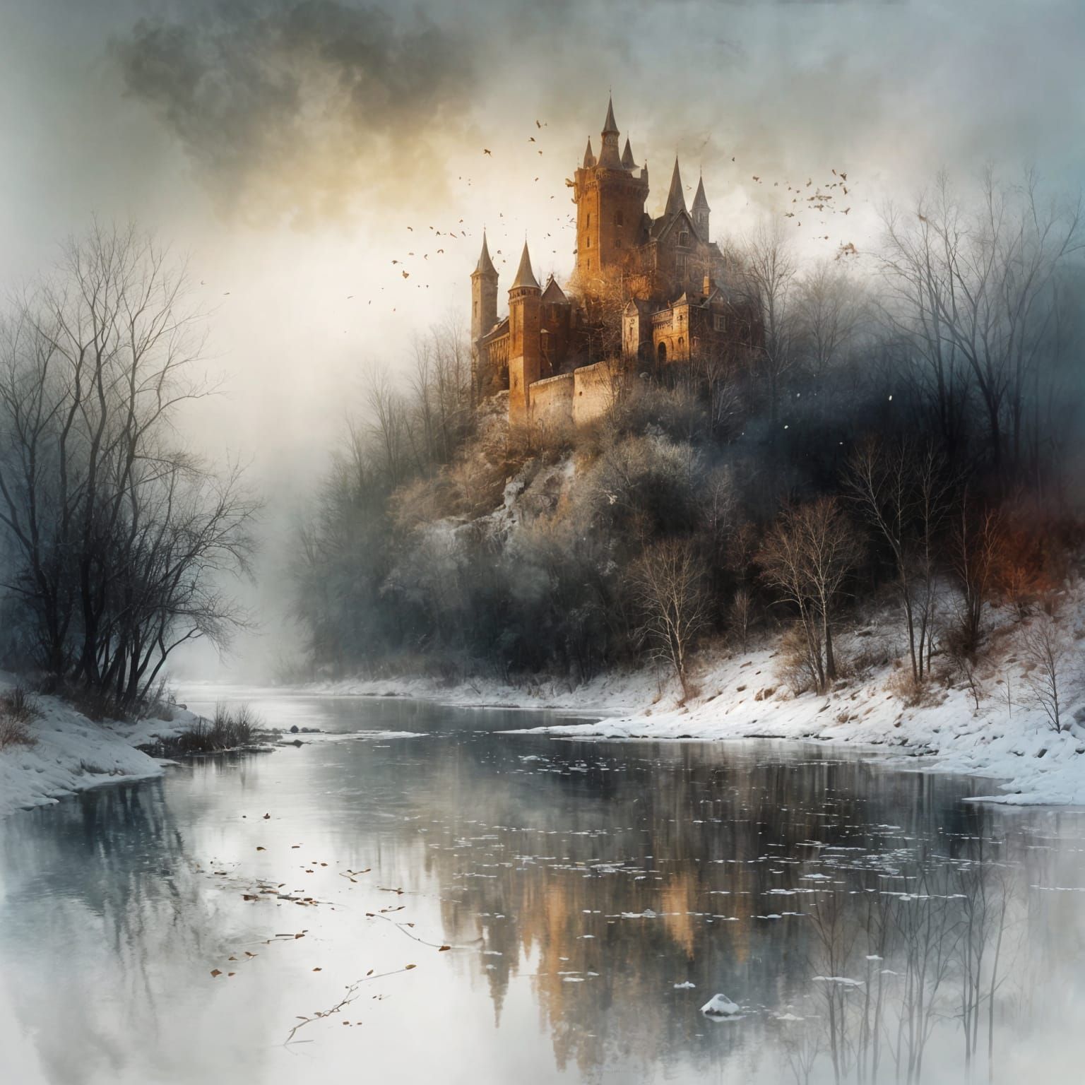 Winter Castle Over Misty River in Romantic Ink Style