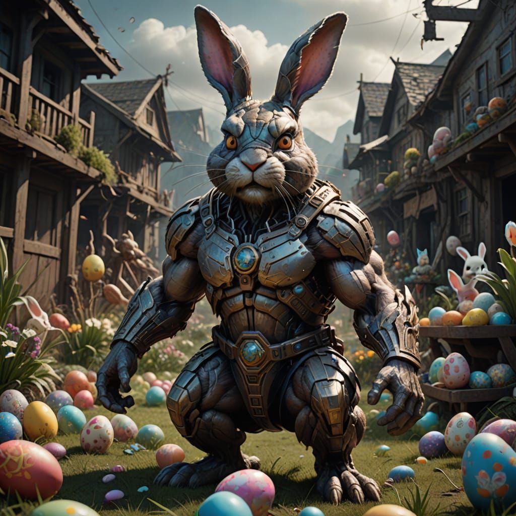 Epic Digital Easter Bunny with Muscular Superpowers