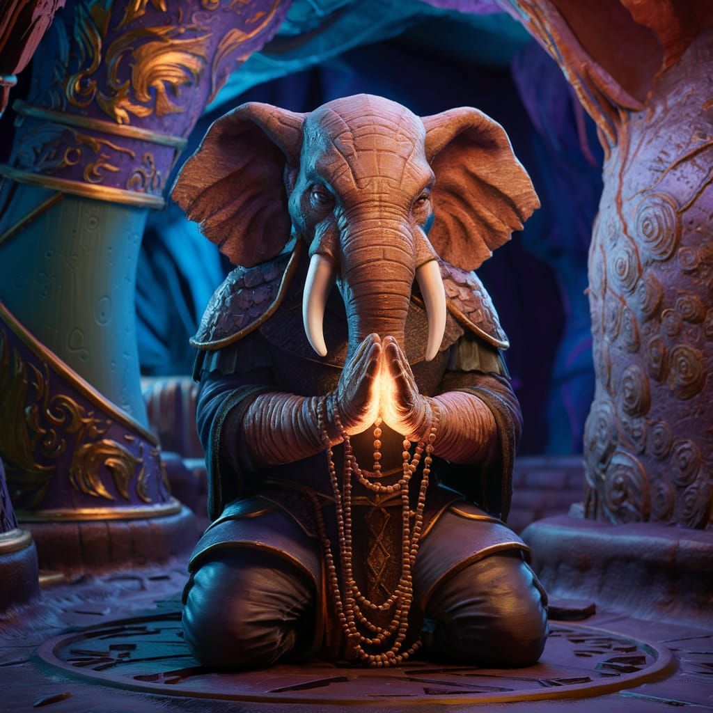 Elephant Druid Kneeling in Mystical Dungeon