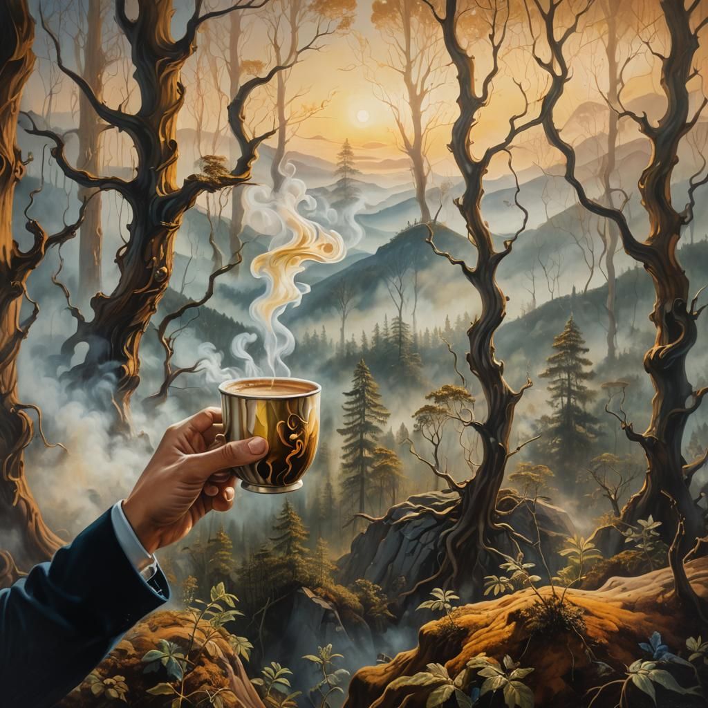 Surreal Coffee Cup at Mountain Top, Oil Painting