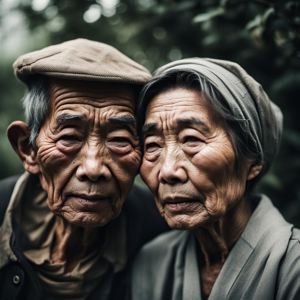 Elderly Asian Couple Gardening: Intimate Portrait