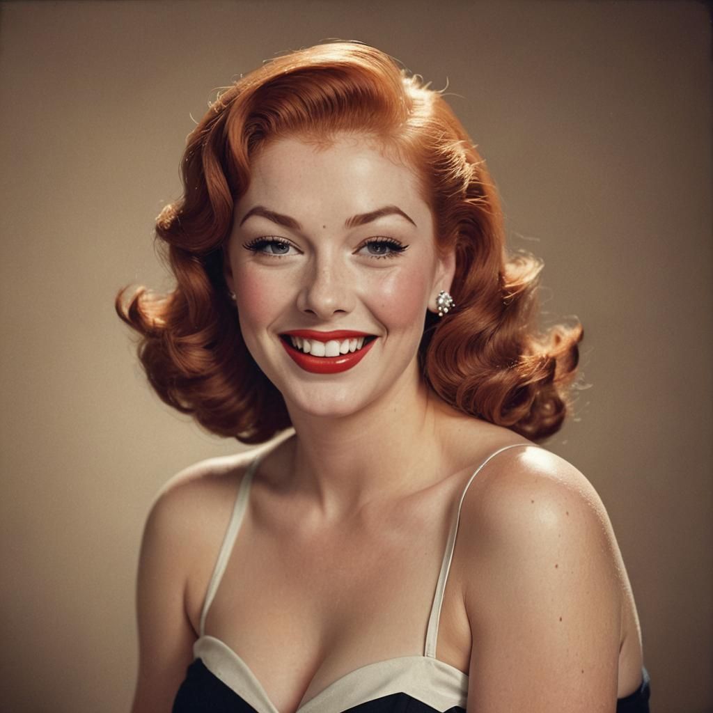 Vintage Pin-Up Photo of Smiling Redhead Model