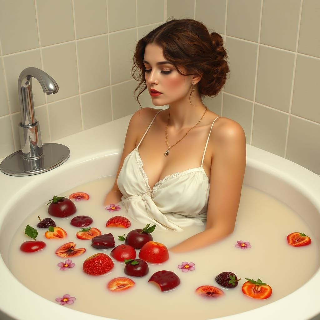 Woman Bathes in Milk and Red Fruit, Art Nouveau Style
