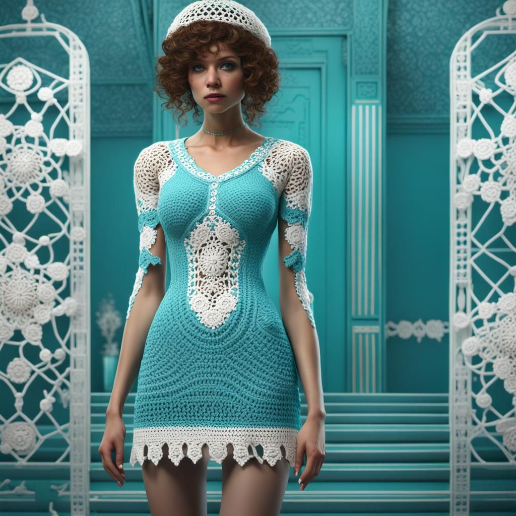 Turquoise and White Crochet Granny Square Dress