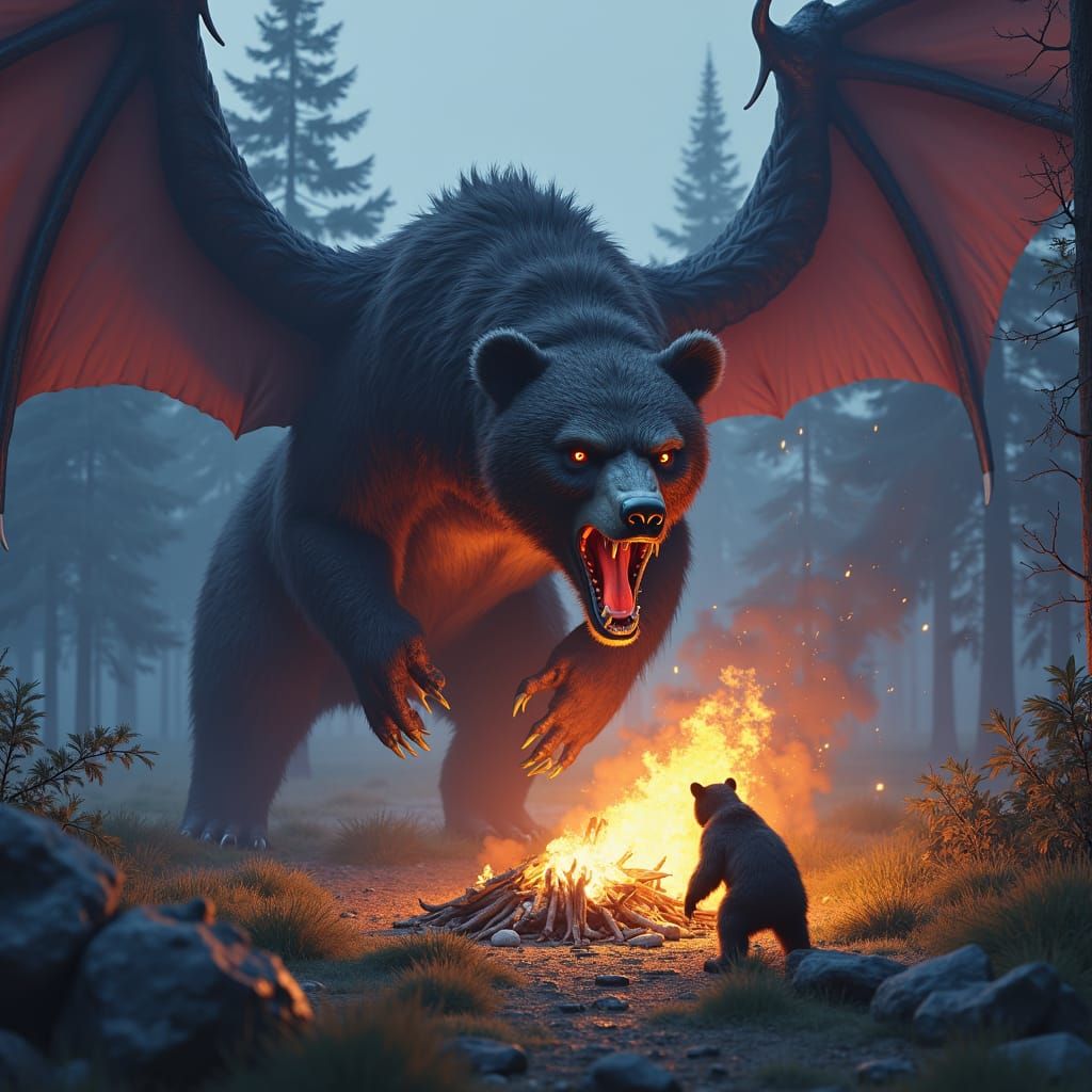 Gryphon vs Grizzly: Dark Fantasy Campfire Battle