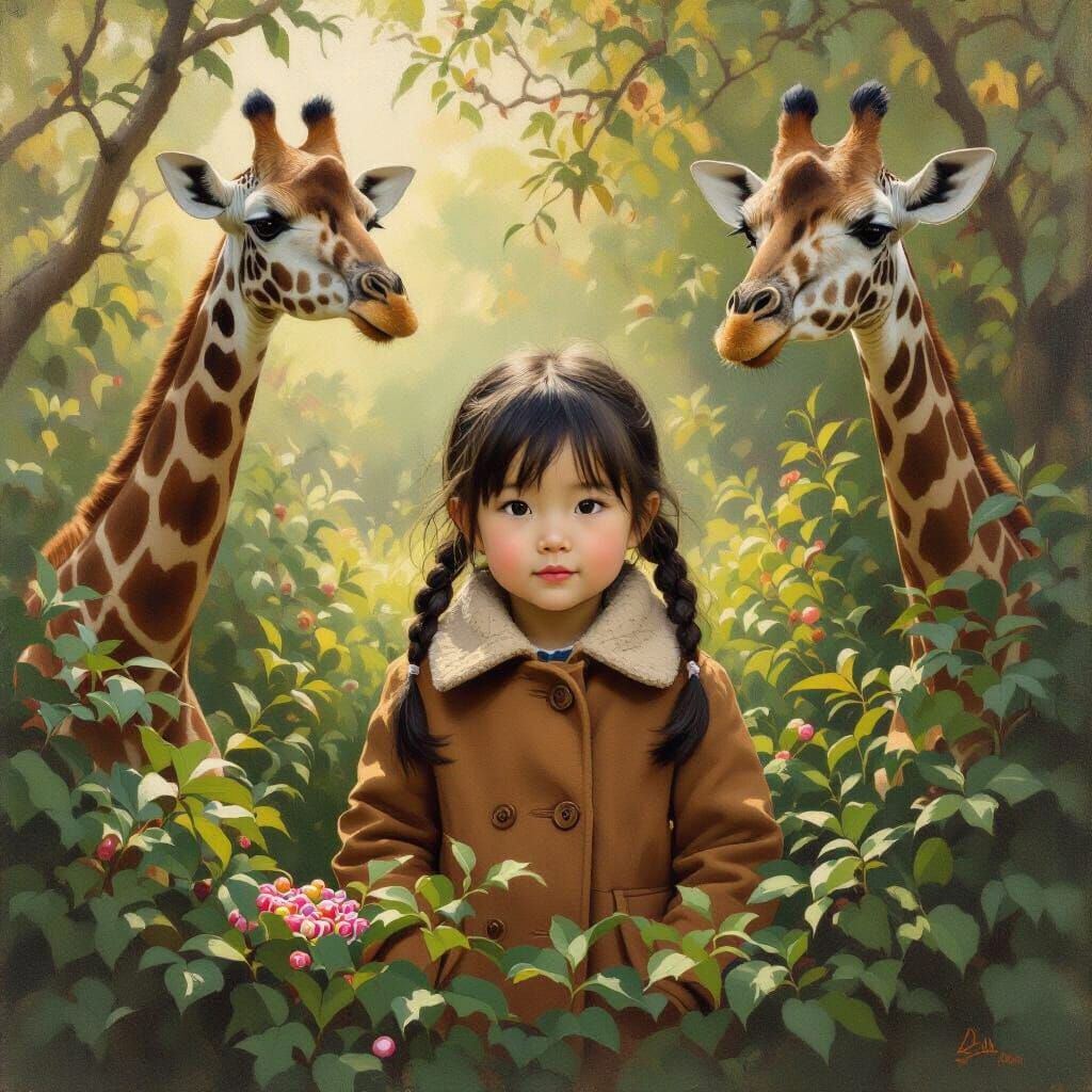 Chinese Girl and Giraffes in Bush