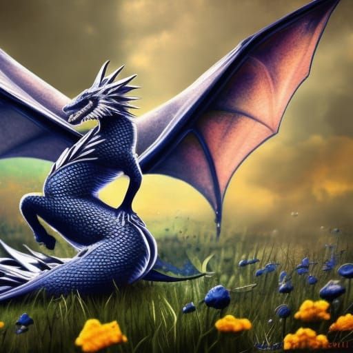 Silver Dragon in Blue Flower Field, Detailed Matte Painting